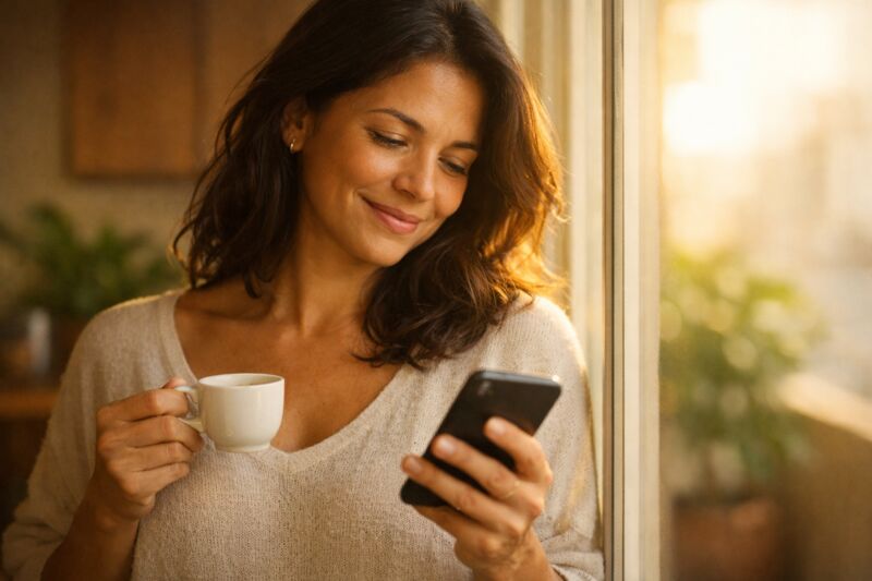 Filha verificando a saúde da mãe pelo celular durante o café da manhã