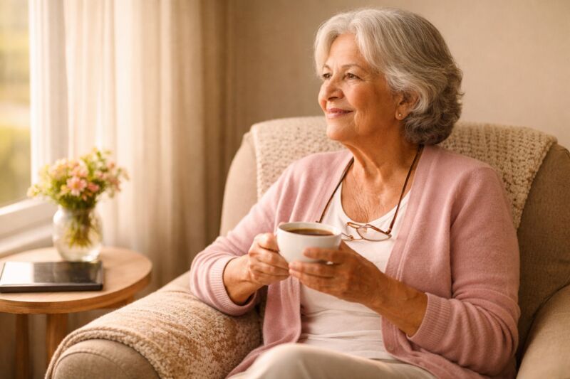 Idosa tranquila tomando café em sua poltrona, em paz